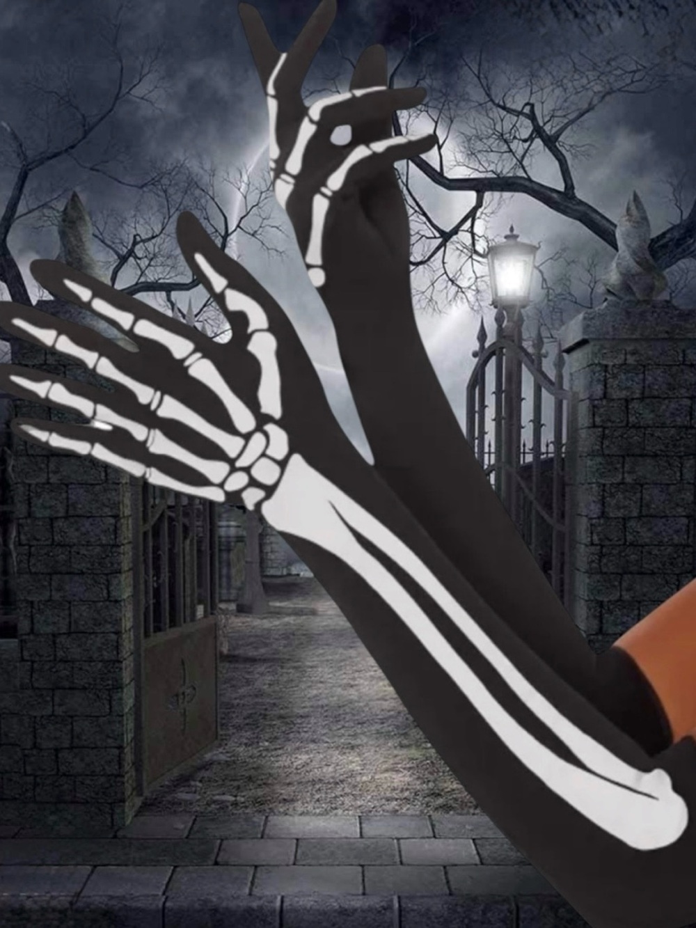 $5 Add-on | Halloween Costume Skeleton Arm-Length Gloves - Black & White